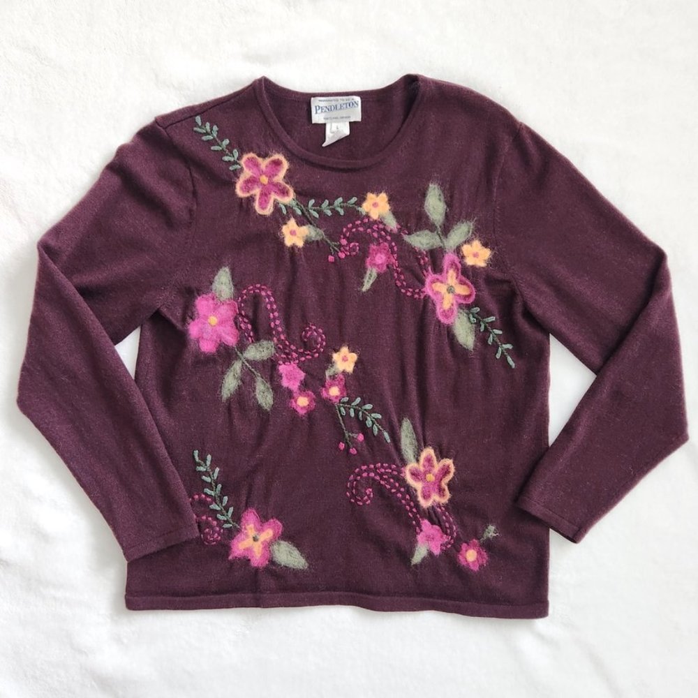Vintage Pendleton Embroidered Merino Wool Sweater Plum Floral Womens Large